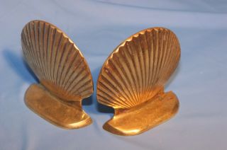 Vintage Pair Brass Clam Scallop Sea Shell Bookends 5 " 