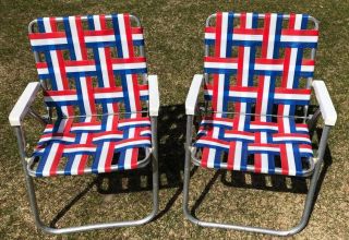 2 Vtg Aluminum Frame Webbed Folding Lawn Chairs Retro Red White Blue Usa July 4