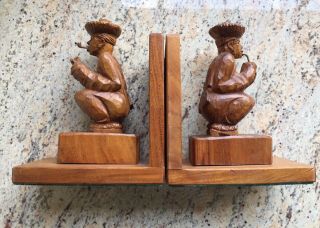 Vintage Hand Carved Brazilian Wooden Bookends,  7 1/4 " H X 6 " L X 3 1/2 " W