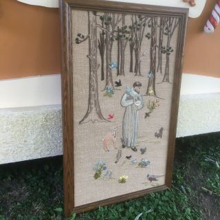 Large Vintage Crewel Embroidery Picture Finished Woodland Animals Framed 2