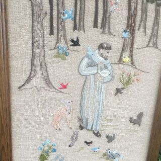 Large Vintage Crewel Embroidery Picture Finished Woodland Animals Framed 3