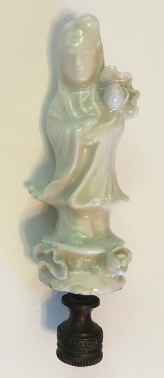 Vintage Quan Yin Porcelain And Brass Lamp Finial,  4.  25”