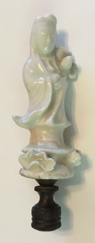 Vintage Quan Yin Porcelain and Brass Lamp Finial,  4.  25” 2