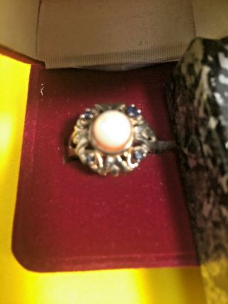 Estate Find Vintage Sterling Silver Ring Size 6 With Pearl & Sapphires