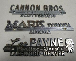 3 Vintage Ford Jeep Toyota Car Dealer Metal Emblems Nebraska,  Colorado