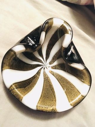 Vintage Murano Black White Gold Fleck Circus Tent Italian Art Glass Ashtray Bowl