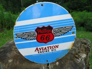 Old Vintage 1950s Phillips 66 Aviation Engine Motor Oil Porcelain Gas Pump Sign