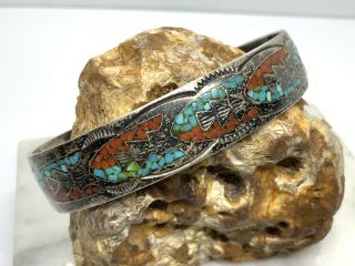 Vintage Navajo Gibson Gene Sterling Turquoise Coral Inlay 6.  5” Cuff Bracelet