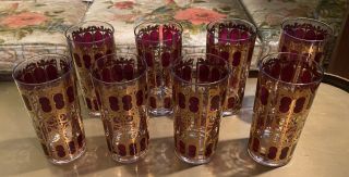 8 Vintage Culver 22kt Gold Cranberry Red Tumblers Glasses Mid Century Modern Mcm