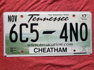 2017 Tennessee License Plate Cheatham County 6c5 4n0