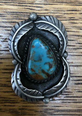 Vintage Navajo Indian Sterling Silver And Turquoise Pendant Feather Design
