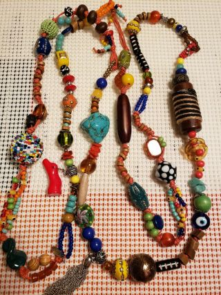Vtg Tribal/ethnic Art Glass Trading Beads Style 72 " Long Necklace Signed Treska