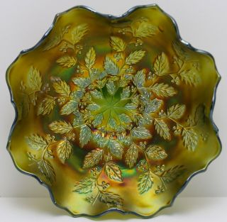 Vintage Fenton Holly & Berry Green & Gold Carnival Glass Bowl