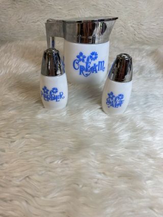 Vintage Westinghouse Gemco Milk Glass Creamer & Salt/pepper Shakers - Blue Corning