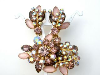 Vintage Pink & Purple Ab Rhinestone Jewelry Set Brooch Earrings Gold Pin W