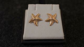 Vintage Solid Yellow Gold 14k Starfish Stud Earrings Butterfly Clutches 15mm