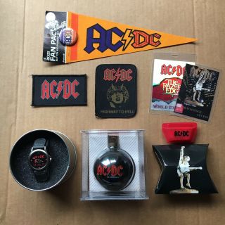 Ac/dc Memorabilia 35 Items Promo Vintage Stickers Patches Horns Key Chains Watch