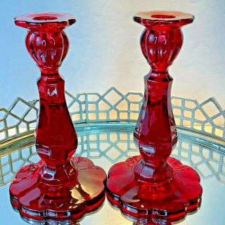 Moser Candle Stix Ruby Red Vintage Art Glass 8 1/4 Tall Scalloped H23