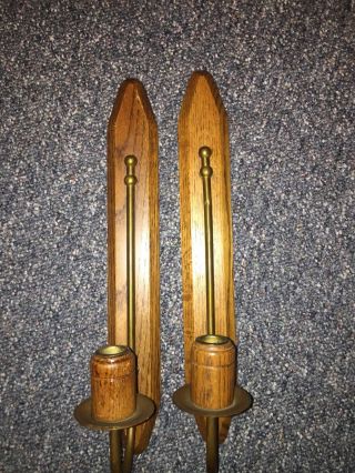 2 Vintage Mid - Century Modern Wood And Brass Wall Candle Holders Sconces