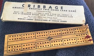 Vintage Drueke 114 Wood Cribbage Board With Peg Storage And 6 Pegs.  Made In Usa