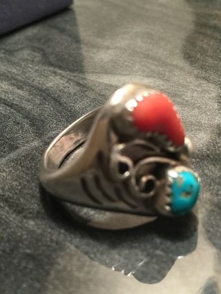 Vintage Navajo Sterling Silver Turquoise / Coral Native American Ring,  Sz 8 1/4