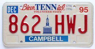 Tennessee 1995 State Bicentennial License Plate 862 Hwj Campbell County,  Natural