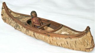 Vtg Canadian Birch Bark Canoe Model With Figurine Made By Native Indians