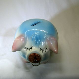 Vintage Hull Pottery 1957 Corky Pig Piggy Bank Pink Blue W/ Cork