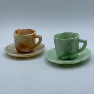 Vintage Akro Agate Demitasse Tea Cup & Saucer Green And Orange Slag Glass