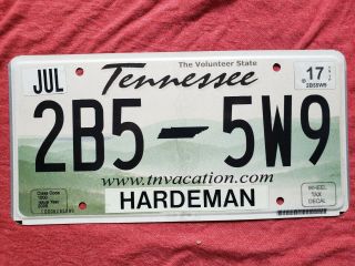 2017 Tennessee License Plate Hardeman County 2b5 5w9