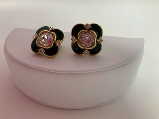 Vintage Monet Gold Tone Black Enamel Rhinestone Clip Earrings