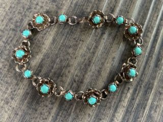 Vintage Mexico Mexican Sterling Silver Turquoise Flower Blossom Link Bracelet