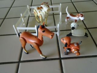 5 Vintage Fisher Price Little People Poseable Farm Animals & White Fence