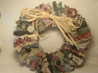 Vintage Homespun Fabric Bow Tie Wreath Button Accents Primitive Country Ooak