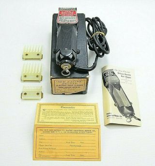 Vintage " Racine Deluxe Electric Hair Clippers " With Attachments And Box
