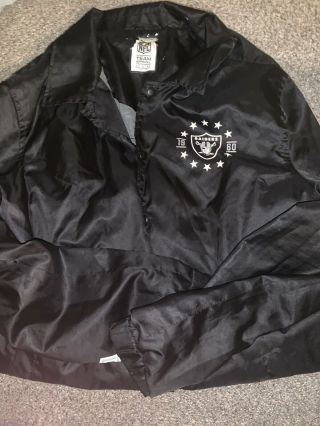 Vintage Oakland Raiders Black Button Up Jacket Size Large Rain Coat Nfl Euc
