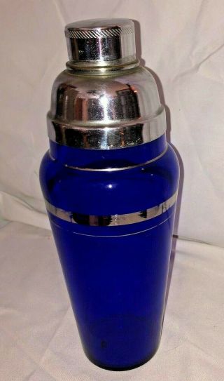 Art Deco Chrome Cocktail Shaker With Cobalt Blue Glass Vintage 1930 