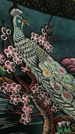 Vintage Peacock Painted Velvet Tapestry Wall Hanging Japan Glitter 45 " X 18 "