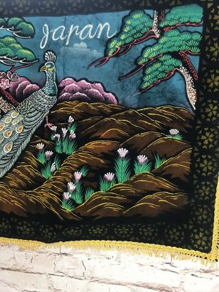 Vintage Peacock Painted Velvet Tapestry Wall Hanging Japan Glitter 45 