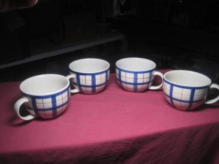 Set Of 4 Vtg Soup Ceramic Handled Mug Bowls 5 " X 3 3/8 " Blue Off - White Brown