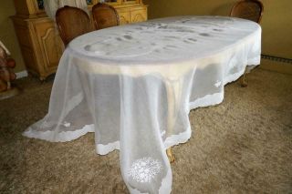 Vtg Madeira White Linen & Organdy Hand Embroidery 126 " Banquet Size Tablecloth