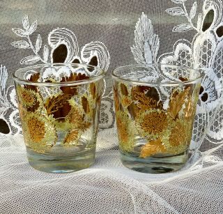 2 Vintage Culver Glass Chrysanthemum 22k Gold Green Low Ball Rocks Glasses 6oz
