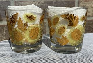 2 Vintage Culver Glass Chrysanthemum 22K Gold Green Low Ball Rocks Glasses 6oz 2