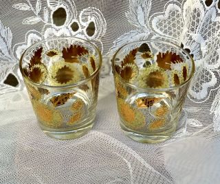 2 Vintage Culver Glass Chrysanthemum 22K Gold Green Low Ball Rocks Glasses 6oz 3