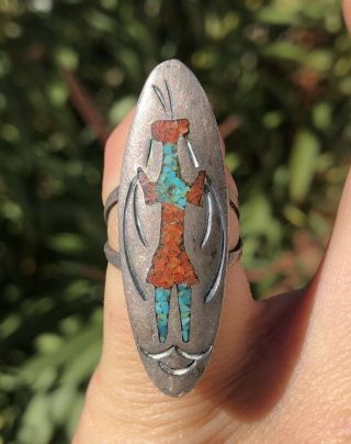 Vintage Old Navajo Kokopelli Dancer Sterling Silver Turquoise & Coral Inlay Ring