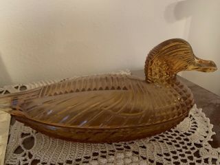 Vintage Amber Colored Glass Duck Dish With Lid