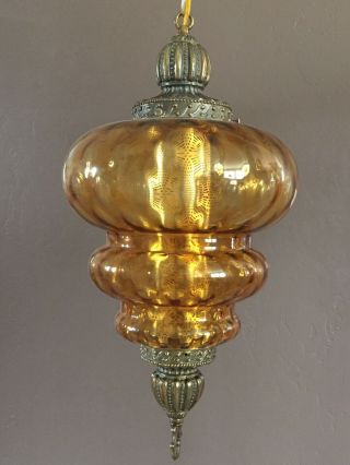 Vintage Mid Century Modern Mcm Amber Glass Hanging Lamp Swag Lamp