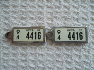 1962 Iowa Dav License Plate Key Return Tags,  Matching Pair