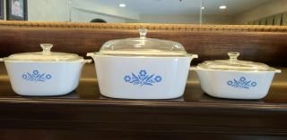 3 Vintage Corning Ware Casserole Dishes W/ Pyrex Lids Blue Cornflower Pattern