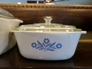 3 Vintage Corning Ware Casserole Dishes w/ Pyrex Lids Blue Cornflower Pattern 3